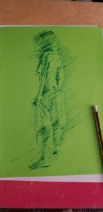Female model on green paper, felt tip pen